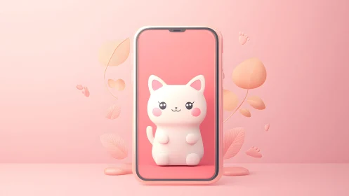 Cute cartoon cat on smartphone screen, pastel pink 3D illustration.