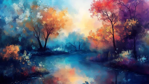 Color saturated river landscape shows trees reflecting in water