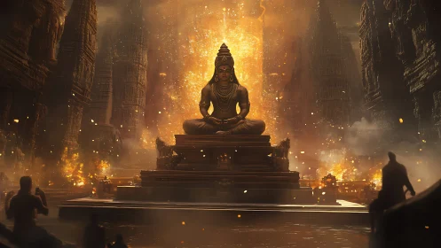 Colossal seated deity statue dominates fiery temple ruins.