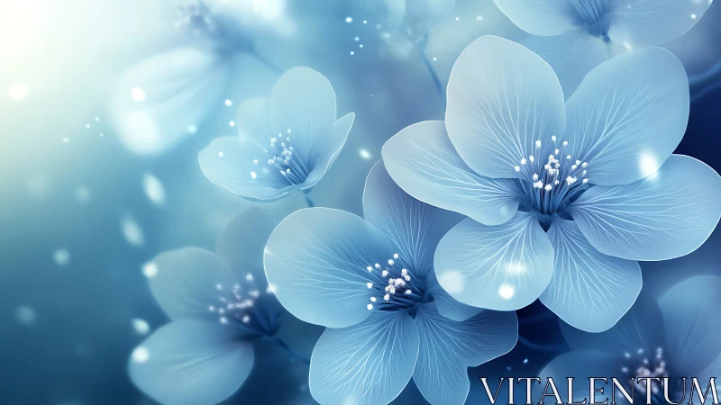 Luminous Blue Petals Dancing Through Ethereal Light