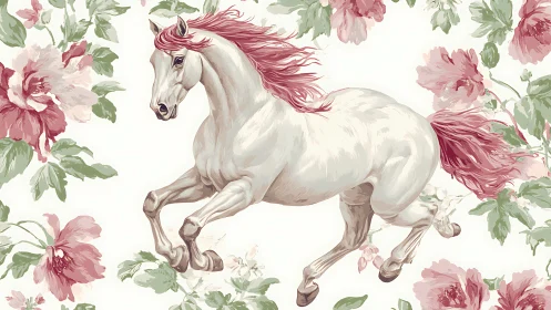 White stallion with pink mane amid stylized floral ornament