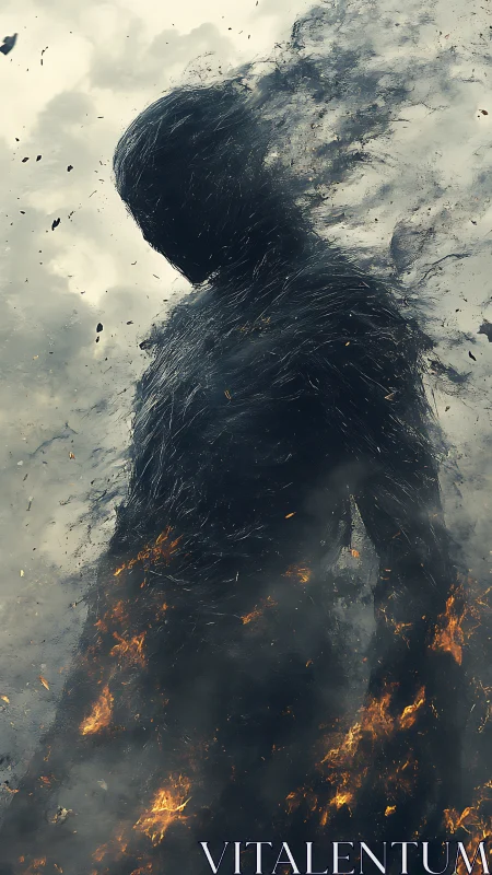Dark humanoid silhouette dissolves into smoke and embers