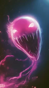 Neon spectral entity with glowing fanged visage in void.