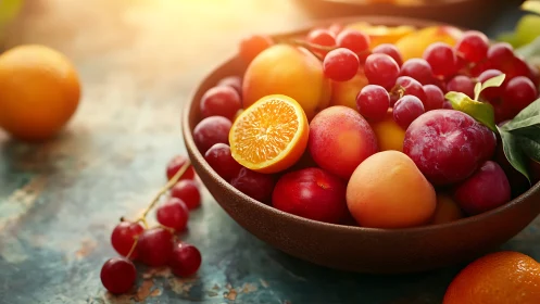 Colorful bowl of mixed summer fruit on rustic surface.