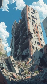 Heavily damaged high-rise structure stands amid dense rubble
