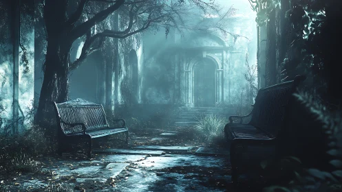 Deserted courtyard benches frame misty overgrown entrance