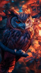 Nocturnal horned owl in fiery teal bicolor lighting study.