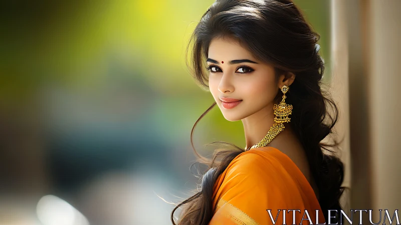 Elegant woman in orange saree with gold jewelry, soft natural light.