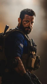 Armed tactical operator in gear under directional backlight.