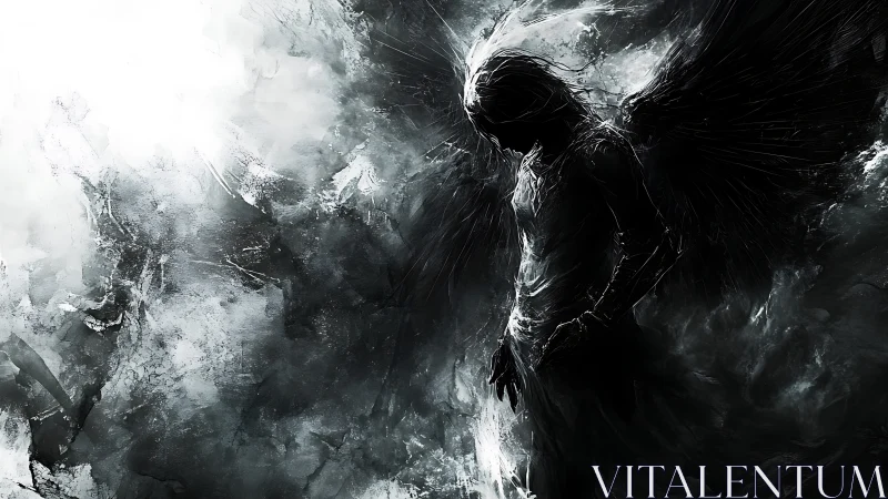 Shadowed fallen angel stands in swirling monochrome storm