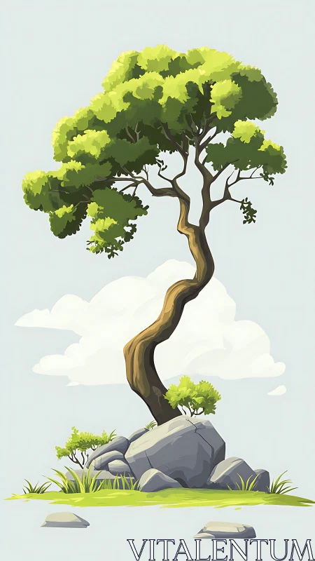 Gentle cliffside tree bending toward bright quiet skies.