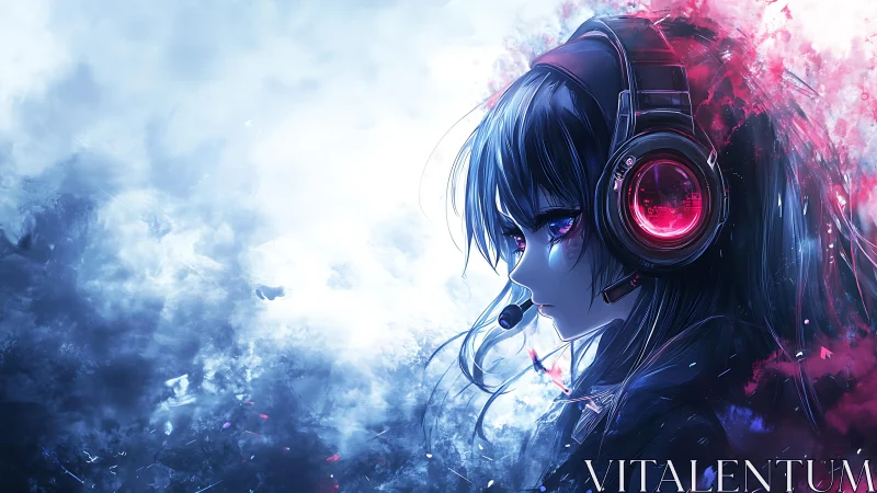 Cyber gamer girl with neon headset in icy storm haze.
