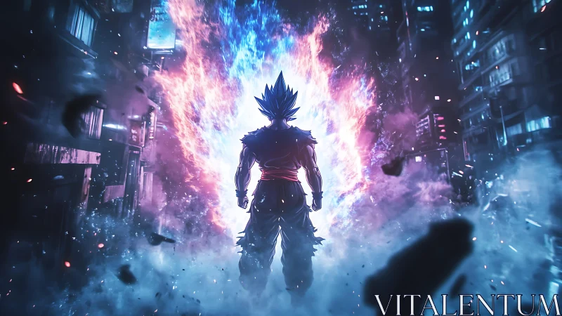 Neon storm warrior ignites a cosmic alleyway showdown.