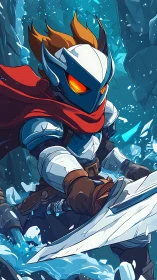 Armored warrior with glowing eyes swings sword in ice cavern.