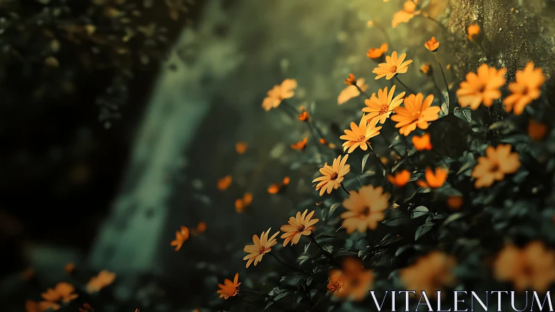 Golden daisies with selective focus against muted green backdrop.