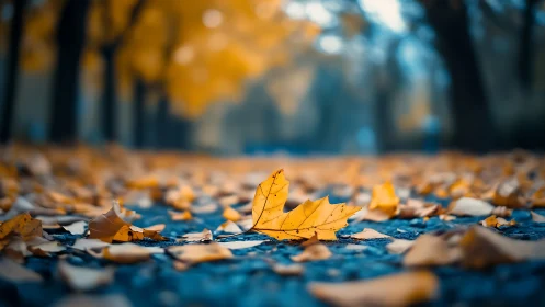 Golden leaf resting on asphalt in softly blurred autumn park.
