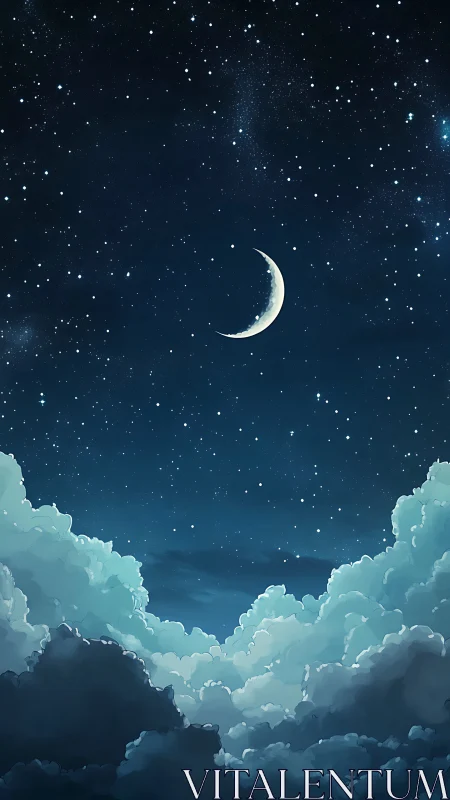 Crescent moon over dense clouds in a star filled night sky.