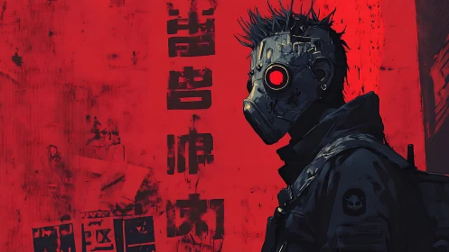 Masked figure in red urban backdrop with graphic glyphs.