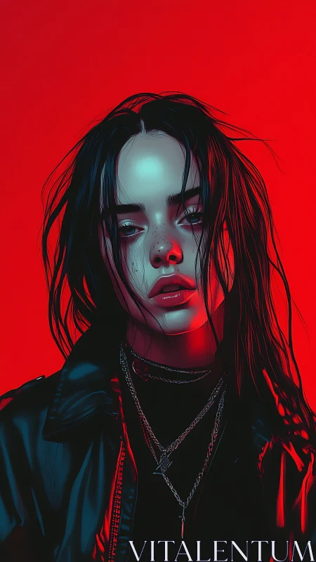 Moody cyberpunk portrait under neon red glow.