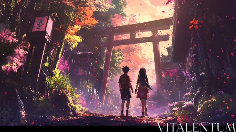 Twilight shrine path where young wanderers outwalk goodbye.