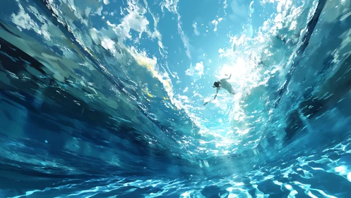 Underwater view of lone swimmer in bright blue pool.