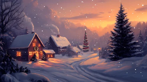 Snow-laden cabin and lit tree under warm dusk sky in winter valley