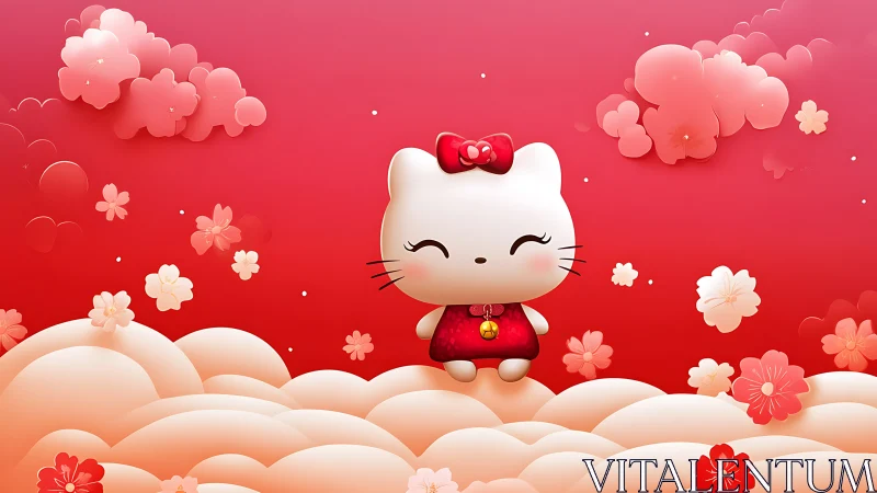 Kawaii white cat mascot on pastel clouds with cherry blossoms