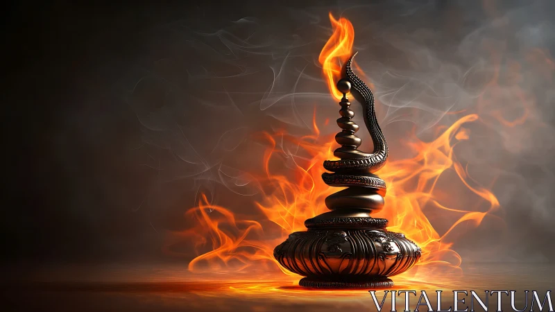 Ornamental Brass Lamp with Coiled Serpent Form Engulfed in Intense Flame