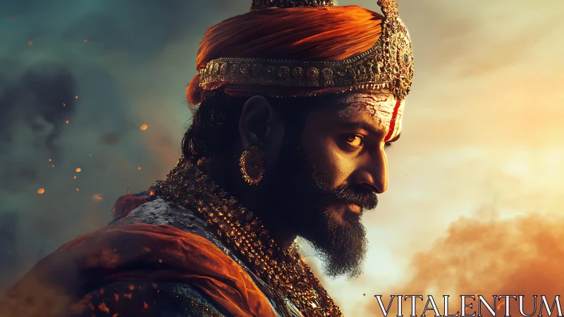 Side-profile digital portrait of armored Indian warrior king