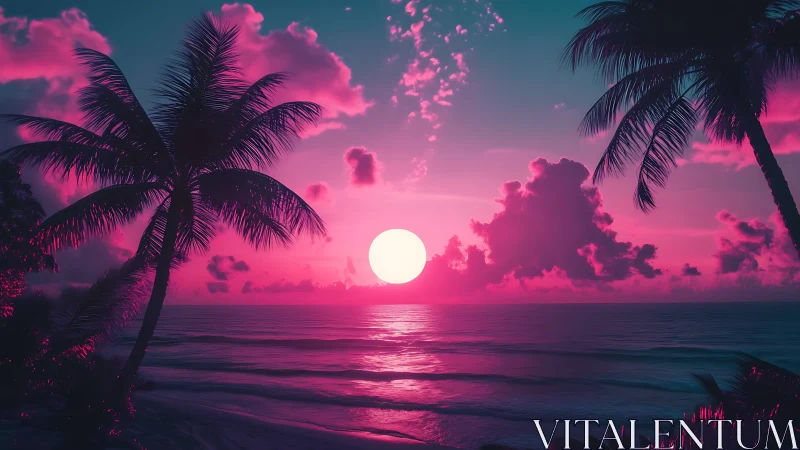 Neon sunset illuminates tranquil tropical shoreline in dream glow