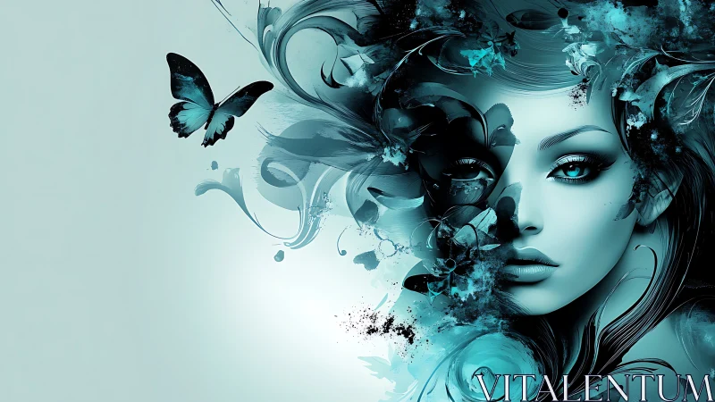 Female face with teal butterflies and abstract floral forms.