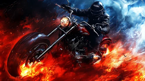 Blazing motorcycle rider tears through fire and swirling smoke