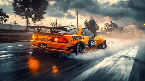 Turbo drift car tears through wet neon city street.
