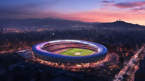 Floodlit elliptical football stadium at dusk in dense cityscape