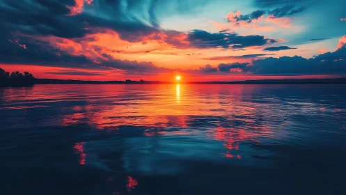 Chromatic dusk over refractive lake horizon interface.