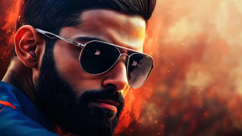 Sunlit rebel in mirrored shades stares down a molten horizon