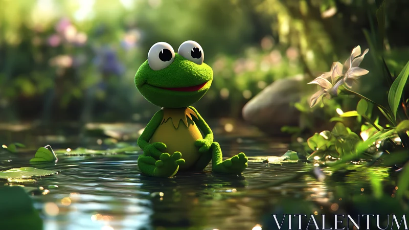 Sunlit frogling pauses mid-pond to practice tiny serenity