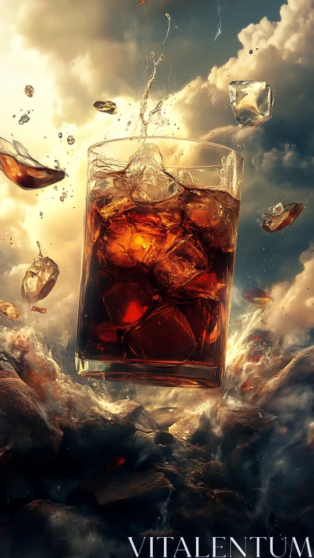 Surreal Beverage Composition with Liquid Splash and Atmospheric Elements