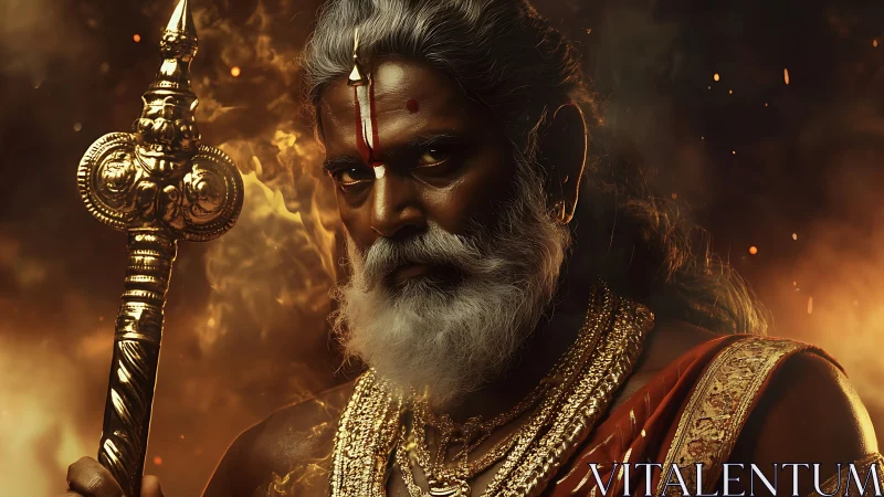 Elderly warrior priest with staff in fiery dramatic light.