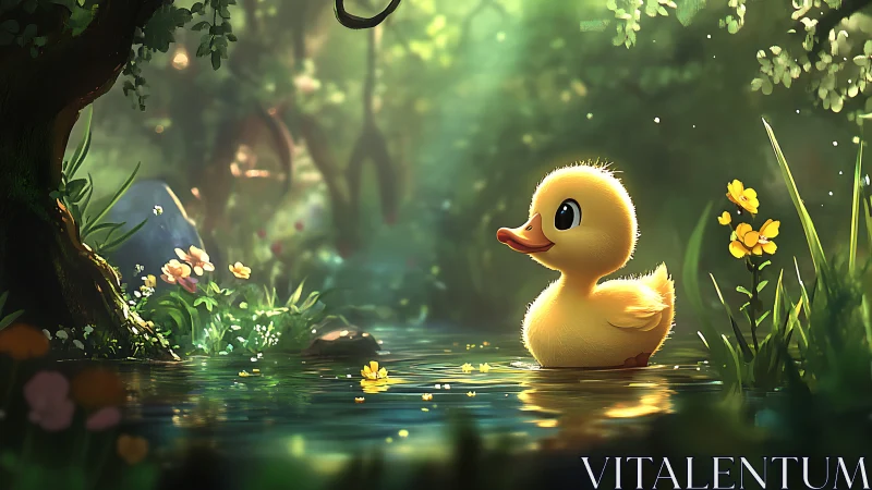 Yellow duckling in soft lit forest pond environment.