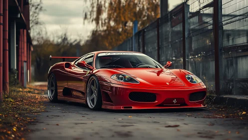 Red sports car glows against moody urban autumn backdrop