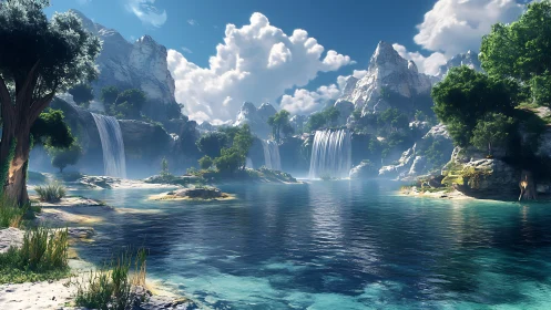 Mystical Waterfall Valley. Mountain Canyon Landscape.