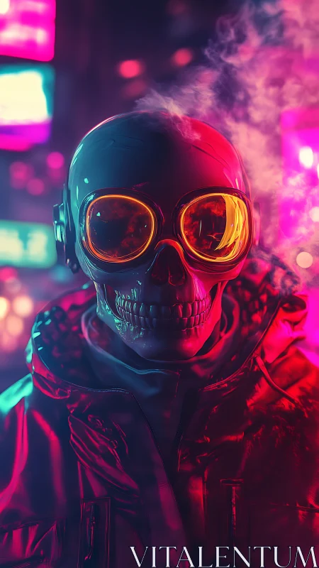 Neon lit skull figure with goggles in synthetic urban light.