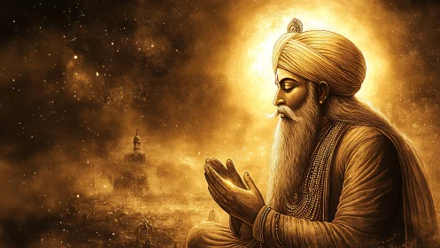 Golden devotional portrait in radiant spiritual chiaroscuro.