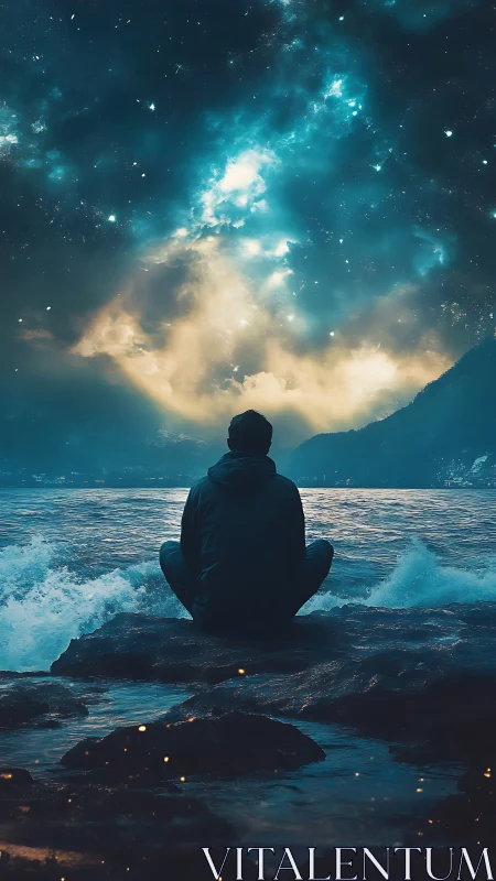Solitary figure watching cosmic seascape at nightfall.