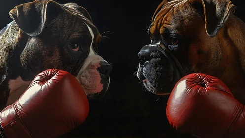 Two Muscular Dogs Facing Each Other With Red Boxing Gloves
