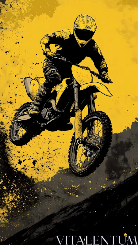 Motocross rider midair against bold yellow splatter backdrop.