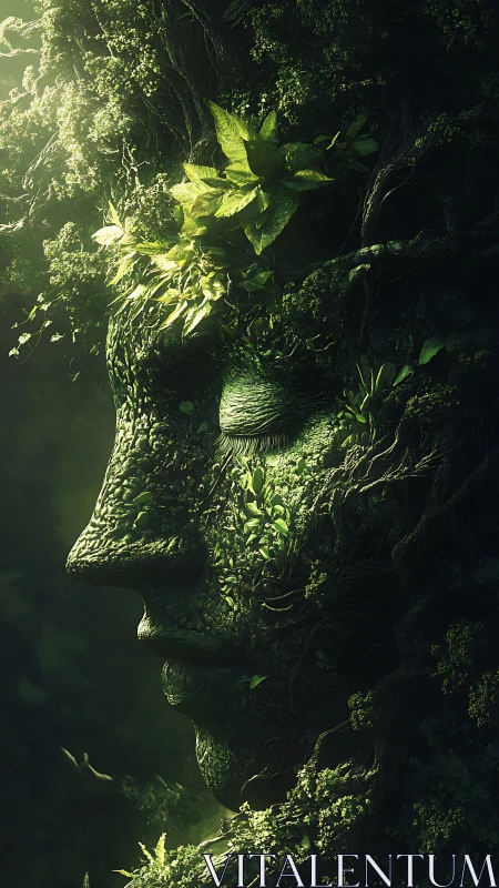 Verdant forest goddess in serene profile, dappled light.