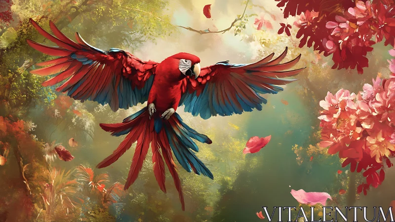 Scarlet macaw in mid-flight renders dynamic rainforest atmosphere