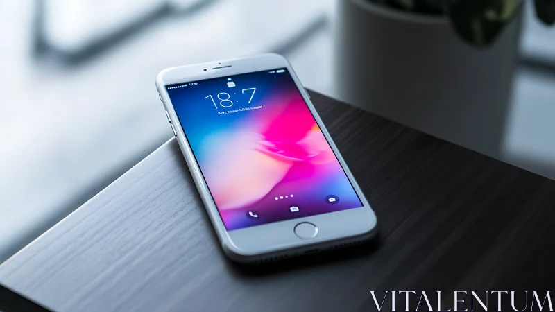 White iPhone with Vibrational Gradient Display Wallpaper on Modern Desk Surface